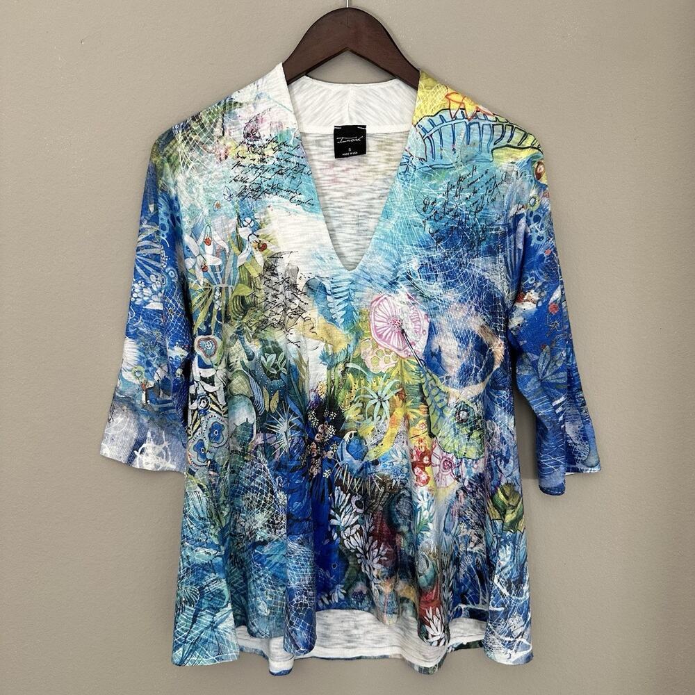 Inoah Blue Multicolor Abstract Floral Top Art to Wear Whimsical Artsy Boho USA
